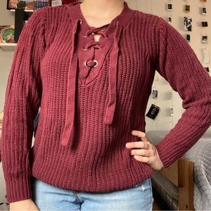 Ruby Moon Red Front-Laced Sweater
